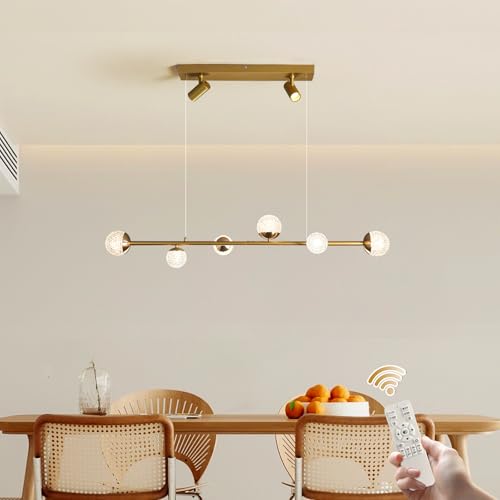 Oninio Moderne Gold-Pendelleuchte, Dimmbarer LED-Kugel-Kronleuchter mit 6 Glühbirnen und 2 Strahlern, Elegante Pendelleuchte, Verstellbare Hängelampe für Wohnzimmer Kücheninsel, Esszimmer 46W von Oninio