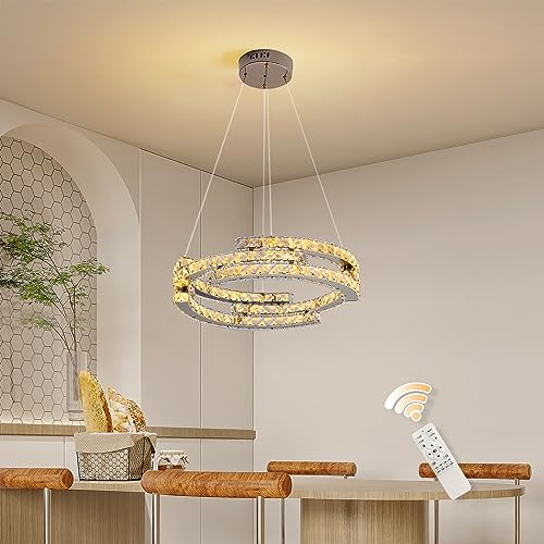 Oninio Kristall Kronleuchter Modern Dimmbar PenMdelleuchte mit Fernbedienung 3 Ringe Kronleuchter Höhenverstellbar Hängelampe für Wohnzimmer Esszimmer Küche Schlafzimmer 40 W (Gold) von Oninio