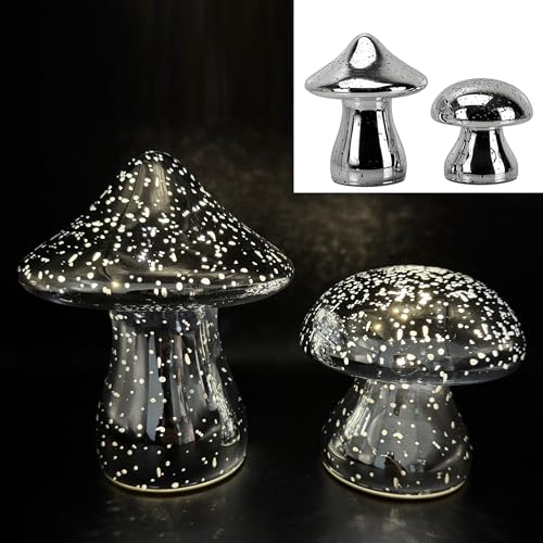 2 Pilze aus Glas mit LED-Lichterkette und Timerfunktion - Dauerleuchten oder Funkeleffekt wählbar - als Deko für Garten, Terrasse, Balkon oder im Wohnbereich - Sommer, Herbst von Online Fuchs
