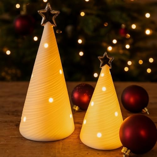 2er Set Tannenbaum aus Keramik mit LED-Beleuchtung - Weihnachtswald mit goldenen Applikationen - Weihnachtsdeko - Weihnachtsbäume (Goldener Stern) von Online Fuchs