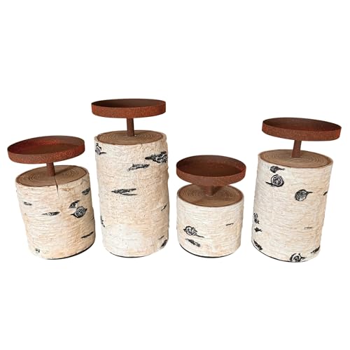 4er Set Kerzenständer in Birkenoptik aus Polyresin & Metall (Rostoptik) - 10,5 bis 17,5 cm groß - Kerzenhalter ganzjährig nutzbar, auch als Adventskranz oder Adventsgesteck von Online Fuchs