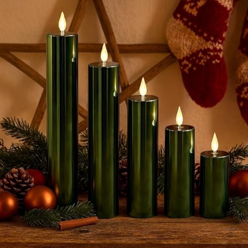 5 LED Kerzen XL im Set mit 6-Stunden Timerfunktion und Hochglanz Oberfläche - Outdoor geeignet - Deko für Herbst, Winter und Weihnachten (Grün) von Online Fuchs