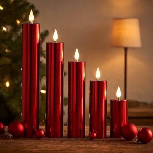 5 LED Kerzen XL im Set mit 6-Stunden Timerfunktion und Hochglanz Oberfläche - Outdoor geeignet - Deko für Herbst, Winter und Weihnachten (Rot) von Online Fuchs