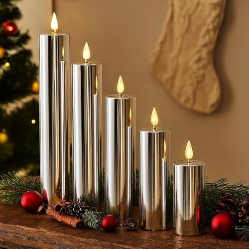 5 LED Kerzen XL im Set mit 6-Stunden Timerfunktion und Hochglanz Oberfläche - Outdoor geeignet - Deko für Herbst, Winter und Weihnachten (Silber) von Online Fuchs