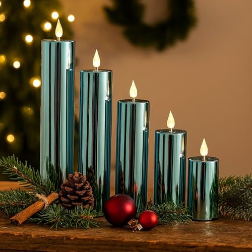5 LED Kerzen XL im Set mit 6-Stunden Timerfunktion und Hochglanz Oberfläche - Outdoor geeignet - Deko für Herbst, Winter und Weihnachten (Taubenblau) von Online Fuchs