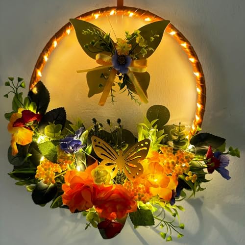 Dekokranz, Türkranz mit LED-Beleuchtung zum Aufhängen für Frühling & Sommer mit Timer, künstlichen Blumen und Schmetterlingen - Für außen geeignet (Bunt) von Online Fuchs