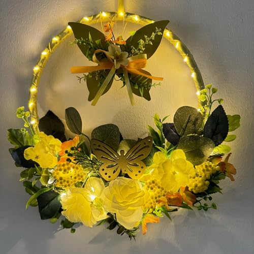 Dekokranz, Türkranz mit LED-Beleuchtung zum Aufhängen für Frühling & Sommer mit Timer, künstlichen Blumen und Schmetterlingen - Für außen geeignet (Gelb) von Online Fuchs