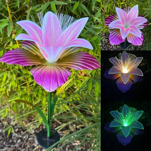 Gartenstecker aus Metall - LED Solarleuchte Lilie für außen - Warmweiß oder Farbwechsel möglich - Beetstecker 9 7 cm groß - Gartendekoration für Balkon, Terrasse (Rosa) von Online Fuchs