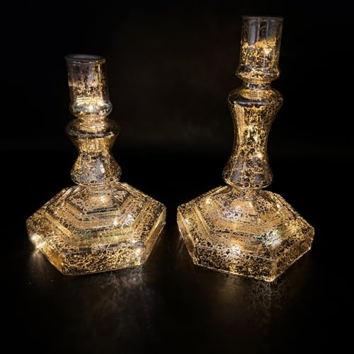 Kerzenständer aus Glas für Stabkerzen - 2er Set Stabkerzenhalter mit LED-Beleuchtung inkl. 6-Stunden Timerfunktion - Weihnachtsdeko (Silber) von Online Fuchs