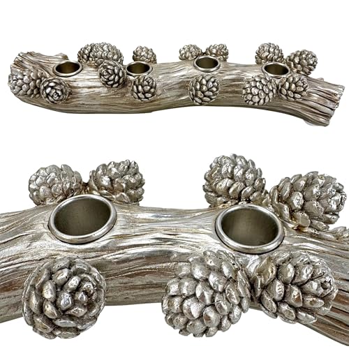 Kerzenständer in AST Form mit Tannenzapfen - Stabkerzenhalter für 4 Stabkerzen - Silber Vintage Look - Dekoration für Herbst, Winter und Weihnachten (Adventskranz) von Online Fuchs