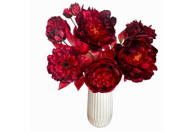 Kunstblumenstrauß - künstliche Deko Blumen, Pflanzen wie echt - ca. 65 cm groß - rote Dahlien und Pfingstrosen, Online-Fuchs, rotes Blattwerk mit goldenen Stielen von Online-Fuchs