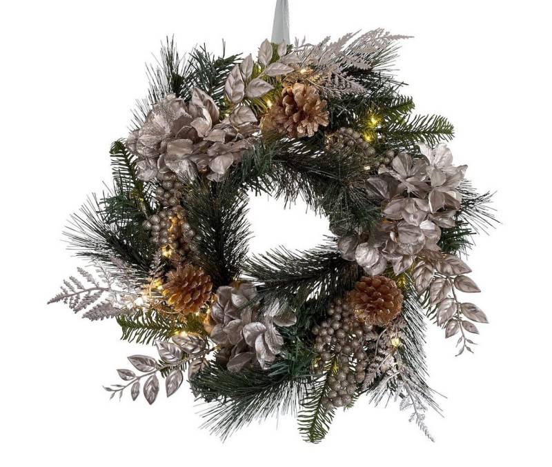 Kunstkranz Türkranz Adventskranz mit LED Lichterkette & Timer CHAMPAGNER Weidengeflecht Tannenzweige Zapfen verschiedene Blätter, Online-Fuchs, 45 - 50 cm im Durchmesser, 6-Stunden-Timer von Online-Fuchs