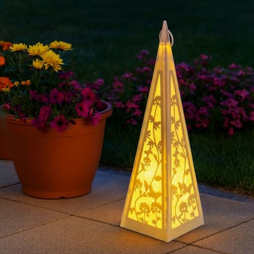 LED Laterne Pyramide mit Schmetterlingen & Blumen inklusive 6-Stunden Timer - Outdoor geeignet - LED-Lichterkette mit Dauerleuchten oder Funkeleffekt - Gartendeko für draußen (Creme) von Online Fuchs