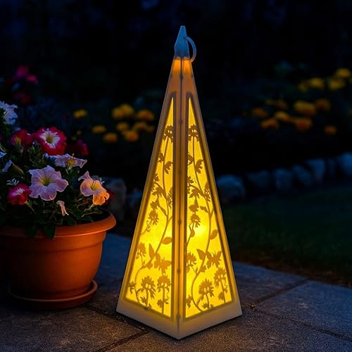 LED Laterne Pyramide mit Schmetterlingen & Blumen inklusive 6-Stunden Timer - Outdoor geeignet - LED-Lichterkette mit Dauerleuchten oder Funkeleffekt - Gartendeko für draußen (Flieder) von Online Fuchs
