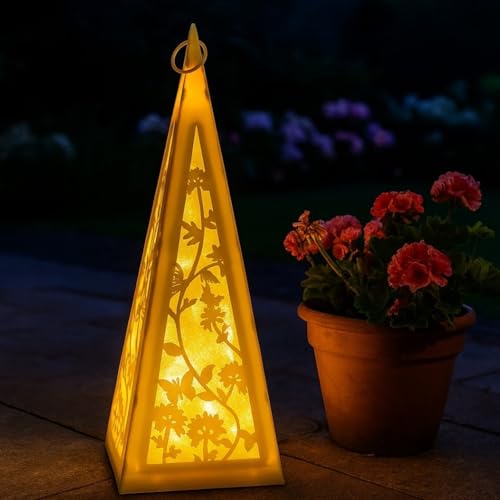 LED Laterne Pyramide mit Schmetterlingen & Blumen inklusive 6-Stunden Timer - Outdoor geeignet - LED-Lichterkette mit Dauerleuchten oder Funkeleffekt - Gartendeko für draußen (Gelb) von Online Fuchs