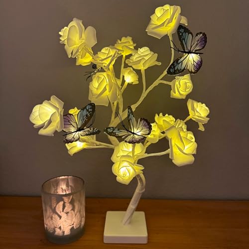 Lichterbaum mit 20 LED beleuchteten künstlichen Rosenblüten und mit Schmetterlingen verziert - inkl. 6-Stunden Timer - Deko Kunstblumen, Stimmungslicht (Weiß) von Online Fuchs