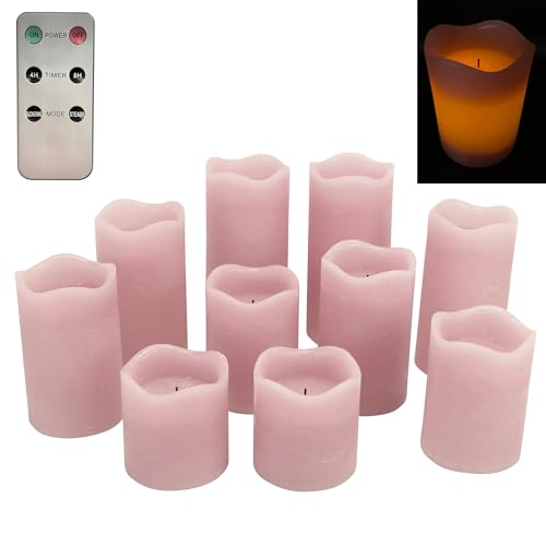 Online Fuchs 10er Set LED Stumpen Kerzen aus Echtwachs mit Docht - 5 verschiedene Höhen - Inklusive Fernbedienung und Timerfunktion (Zartrosa) von Online Fuchs