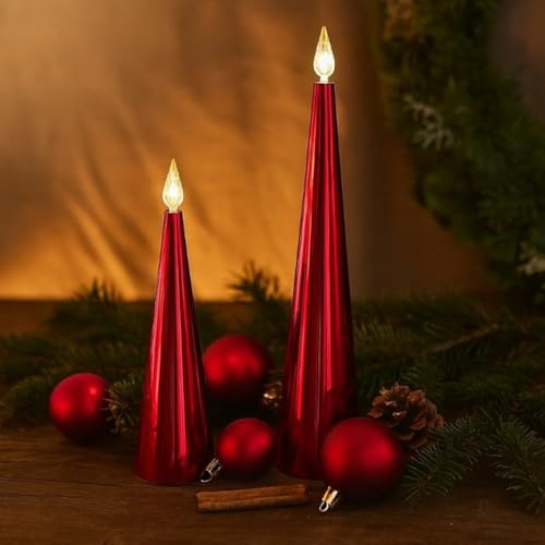 Online Fuchs 2er Set LED-Kerzen, Stabkerzen in Kegelform mit realistischer Kerzenflamme und 6-Stunden Timerfunktion - Deko für Herbst, Winter und Weihnachten (Rot) von Online Fuchs