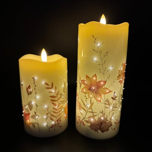Online Fuchs 2er Set LED-Kerzen mit realistischer Flamme, Motiven, Funkellichtern und 6-Stunden Timerfunktion - 14 und 19 cm groß - Dekoration für Herbst, Winter und Weihnachten (Herbstblumen) von Online Fuchs