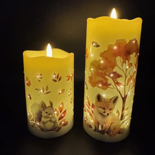 Online Fuchs 2er Set LED-Kerzen mit realistischer Flamme, Motiven, Funkellichtern und 6-Stunden Timerfunktion - 14 und 19 cm groß - Dekoration für Herbst, Winter und Weihnachten (Herbsttiere) von Online Fuchs