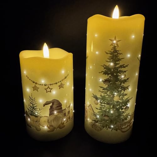 Online Fuchs 2er Set LED-Kerzen mit realistischer Flamme, Motiven, Funkellichtern und 6-Stunden Timerfunktion - 14 und 19 cm groß - Dekoration für Herbst, Winter und Weihnachten (Weihnachtswichtel) von Online Fuchs