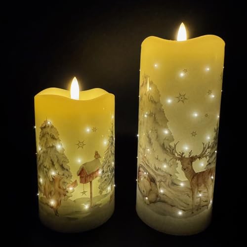 Online Fuchs 2er Set LED-Kerzen mit realistischer Flamme, Motiven, Funkellichtern und 6-Stunden Timerfunktion - 14 und 19 cm groß - Dekoration für Herbst, Winter und Weihnachten (Winterwald) von Online Fuchs