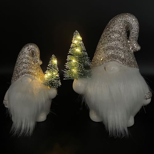 Online Fuchs 2er Set süße Weihnachtswichtel mit kleinen Weihnachtsbaum und LED-Lichterkette inkl. 6-Stunden Timerfunktion - Weihnachtsdeko (Silber) von Online Fuchs