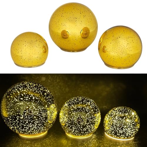 Online Fuchs 3er Set Glaskugeln mit LED-Lichterkette & Timer, seichter Funkeleffekt möglich - Outdoor geeignet - Gartendeko für den Innen- und geschützten Außenbereich (Gelbgold) von Online Fuchs
