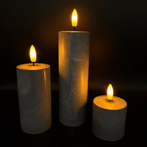 Online Fuchs 3er Set LED-Kerzen aus Kunststoff, grau marmoriert mit 6-Stunden Timerfunktion - wieder aufladbar über USB C - realistisch flackernde Flamme von Online Fuchs