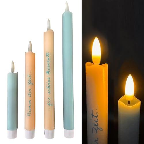 Online Fuchs 4er Set LED Stabkerzen mit Echtflamme und 6-Stunden Timerfunktion in unterschiedliche Höhen von 16 bis 28 cm - Peach, Hellblau/Mint von Online Fuchs