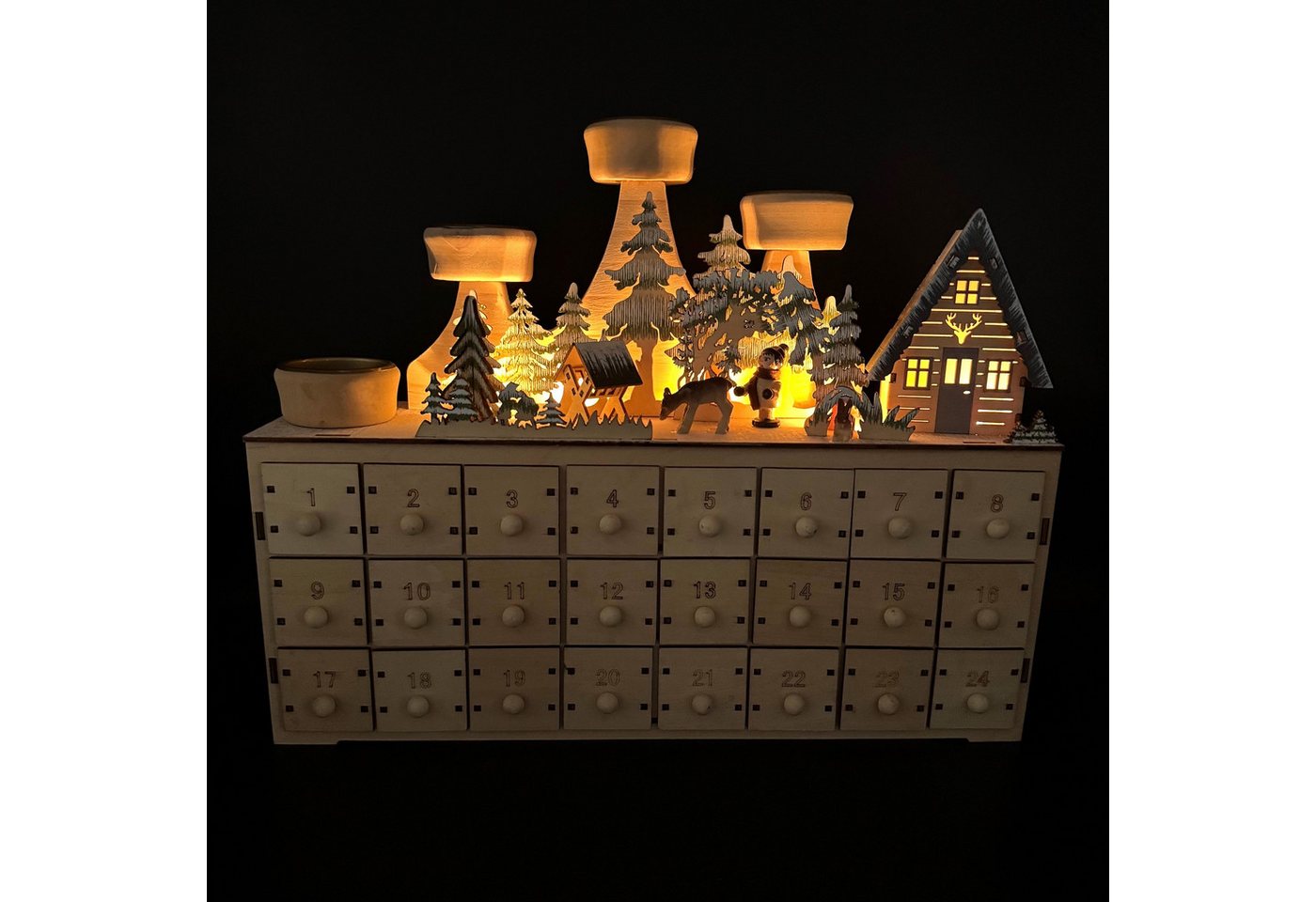 Online-Fuchs Adventskalender zum selber befüllen mit LED-Beleuchtung und Teelichthalter (24 kleine Schubladen aus Holz), inklusive 6-Stunden Timerfunktion von Online-Fuchs