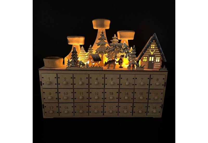 Online-Fuchs Adventskalender zum selber befüllen mit LED-Beleuchtung und Teelichthalter (24 kleine Schubladen aus Holz), inklusive 6-Stunden Timerfunktion von Online-Fuchs