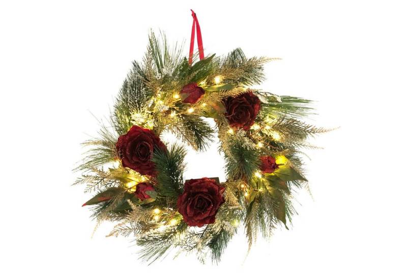 Online-Fuchs Adventskranz als Türkranz / Tischkranz mit 50 LED Lichterkette & 6-Stunden-Timer, ROTE ROSEN mit Glitzerüberzug, hängend oder liegend von Online-Fuchs
