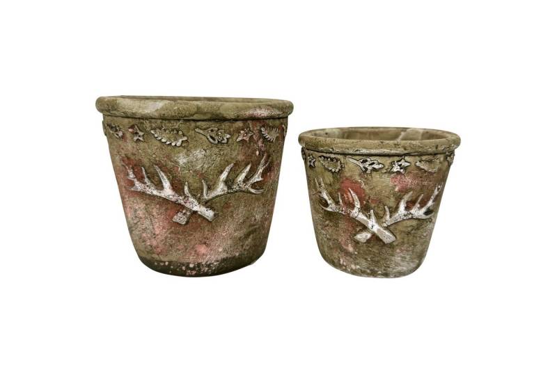 Online-Fuchs Blumentopf 2 Blumentöpfe im Set mit Hirschgeweih im Vintage Look (für Blumen, Pflanzen und Kräuter), Hirschgeweih und Blätter im 3D-Design von Online-Fuchs