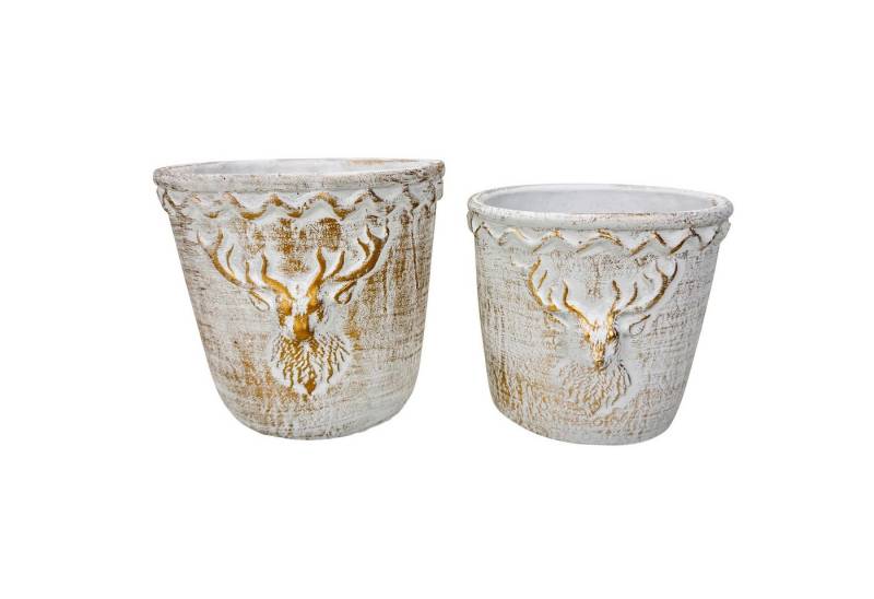 Online-Fuchs Blumentopf - 2 Blumentöpfe im Set mit edlen Hirschkopf - Vintage Look (Weiß, Gold), geeignet für Blumen, Pflanzen und Kräuter von Online-Fuchs