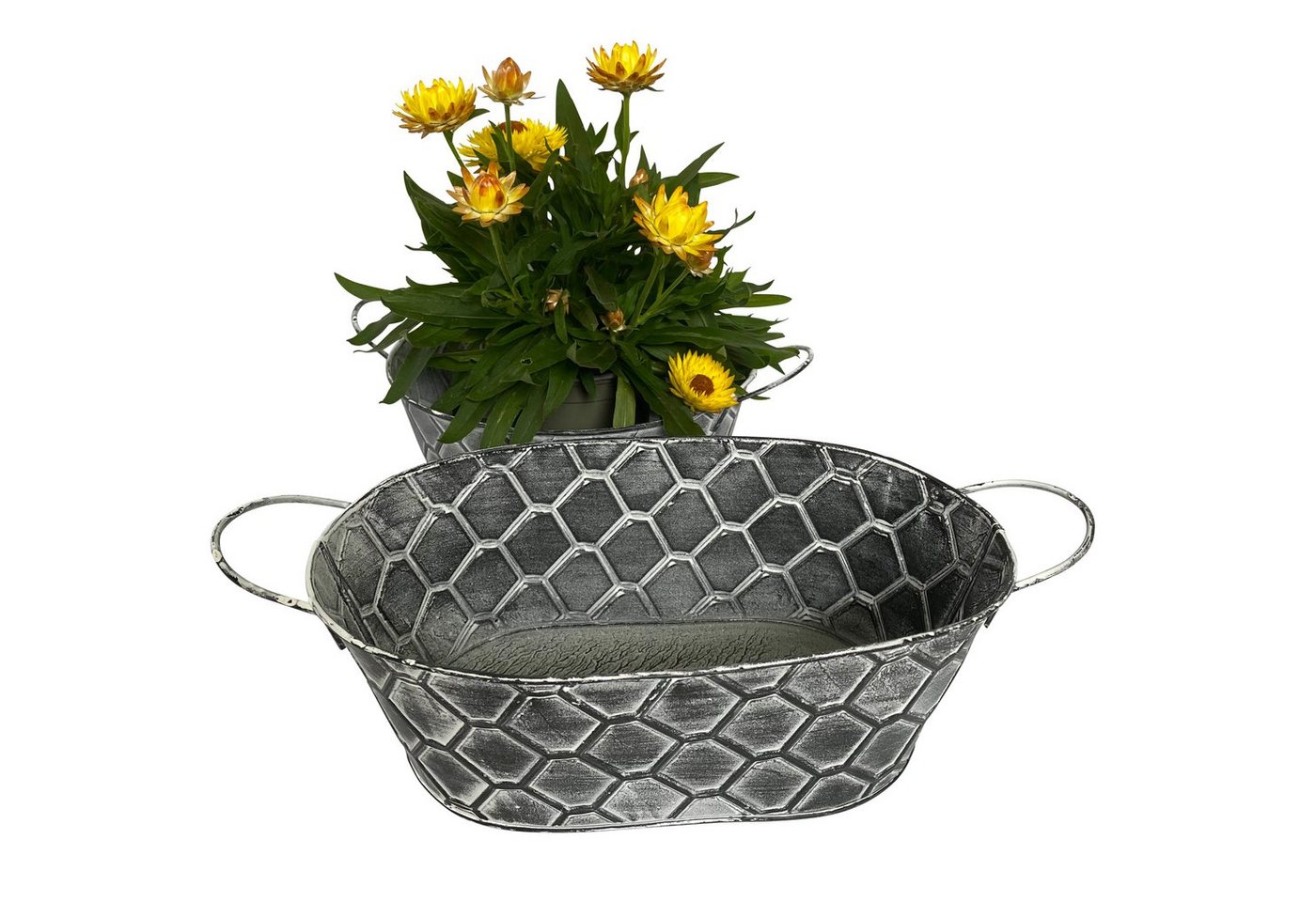 Online-Fuchs Blumentopf 2er Set Blumenschalen aus Zink im Waben-Dekor Form wählbar (Rund Oval, Metall, Silber, Grau, Vintage-Optik, Eimer), Maße: Ovale Schale ca. 30 x 19 x 11 cm. Rund ca. 22 x 25 x 11 cm von Online-Fuchs