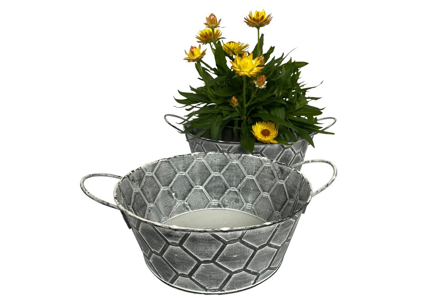 Online-Fuchs Blumentopf 2er Set Blumenschalen aus Zink im Waben-Dekor Form wählbar (Rund Oval, Metall, Silber, Grau, Vintage-Optik, Eimer), Maße: Ovale Schale ca. 30 x 19 x 11 cm. Rund ca. 22 x 25 x 11 cm von Online-Fuchs