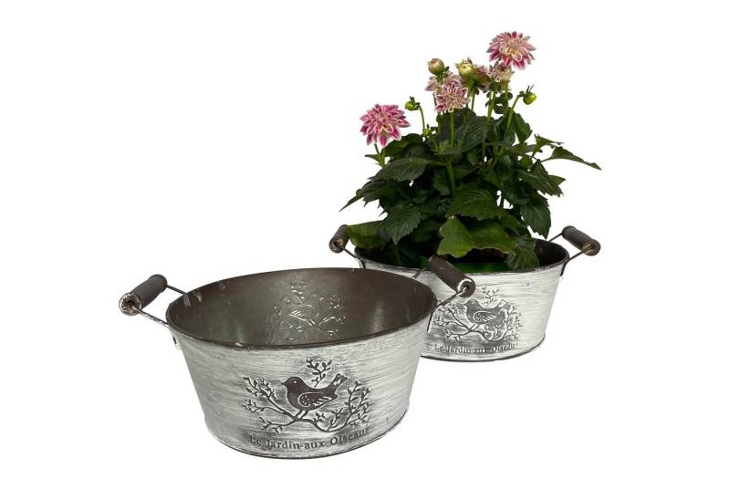 Online-Fuchs Blumentopf 2er Set Blumenschalen mit Vogel-Dekor aus Metall P39 (Henkel aus Holz, Vintage look, mit Aufdruck "le jardin aux oiseaux" (Der Vogelgarten), Maße ca. 22 cm im Durchmeser - für Kräuter und Blumen von Online-Fuchs