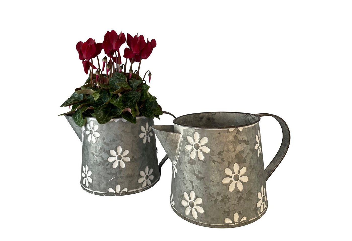 Online-Fuchs Blumentopf 2er Set Zinkkannen Blumen Übertopf Pflanzkübel Kräuter P48, 22 x 15 cm breit und 14,5 cm hoch Teekanne Vintage von Online-Fuchs