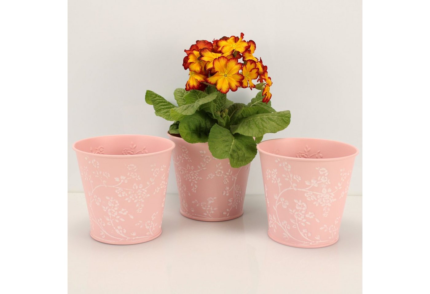 Online-Fuchs Blumentopf 3er Set Blumentöpfe aus Metall mit 3D-Blumenmuster 14 cm groß (für Blumen oder Kräuter), verschiedene Farben wählbar von Online-Fuchs