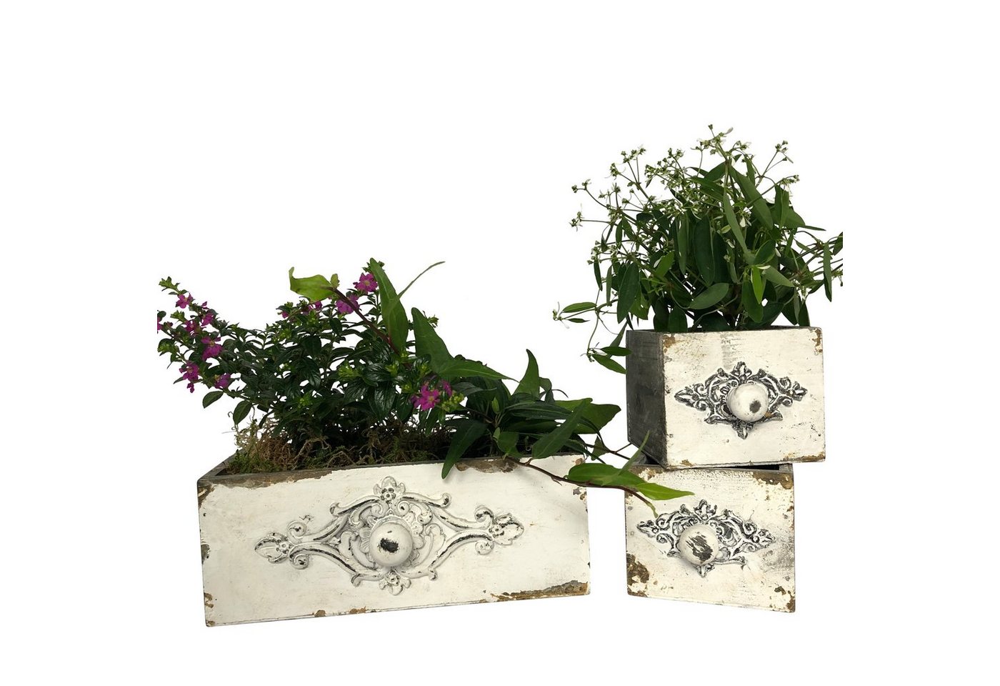 Online-Fuchs Blumentopf 3er Set Schubladen im Vintage Stil zum Bepflanzen P26 (wasserdicht, Maße kleine ca. 10x10x8,5 cm Maße große Schublade ca. 24x12x9 cm), weiß, mit Ornamenten, für Blumen oder Kräuter von Online-Fuchs