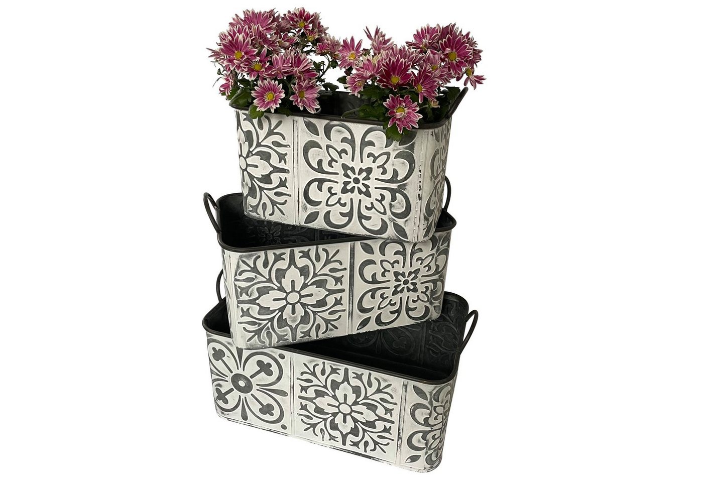 Online-Fuchs Blumentopf 3er Set Zinkwannen mit Blumenmuster groß Pflanzkübel Kasten Metall (Vintage Silber/weiß), Maße ca. 37/43/49 x 22/26/30 cm und 20/21/22 cm hoch Floralem-Design von Online-Fuchs