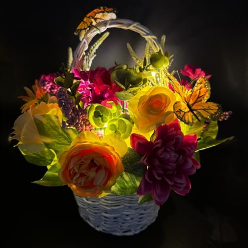 Online Fuchs Bunter Blumenkorb mit künstlichen Blumen, Schmetterlingen, LED-Lichterkette und Timerfunktion - Deko Für Frühling und Sommer (Bunt) von Online Fuchs