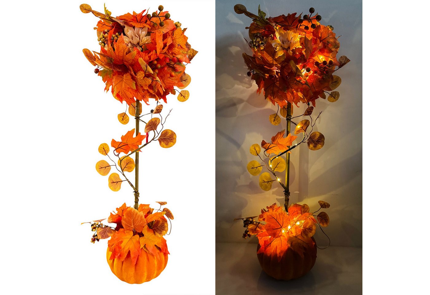 Online-Fuchs Dekobaum mit LED-Lichterkette, Samtkürbis und Laubblättern - Herbstdeko (farbenprächtig, 30 warmweiße LED´s), inklusive praktischer 6-Stunden Timerfunktion von Online-Fuchs