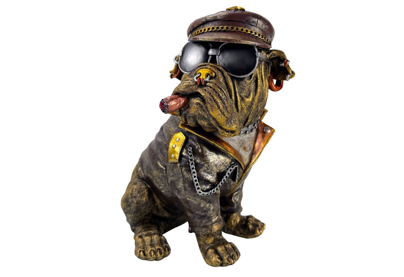 Online-Fuchs Dekofigur Bulldogge im coolen Biker-Look mit Lederjacke - Gartenfigur für außen (cooler Style mit Sonnenbrille und Zigarre, 34 cm groß), aus Kunstharz (Polyresin) - für den Innen- und Außenbereich von Online-Fuchs