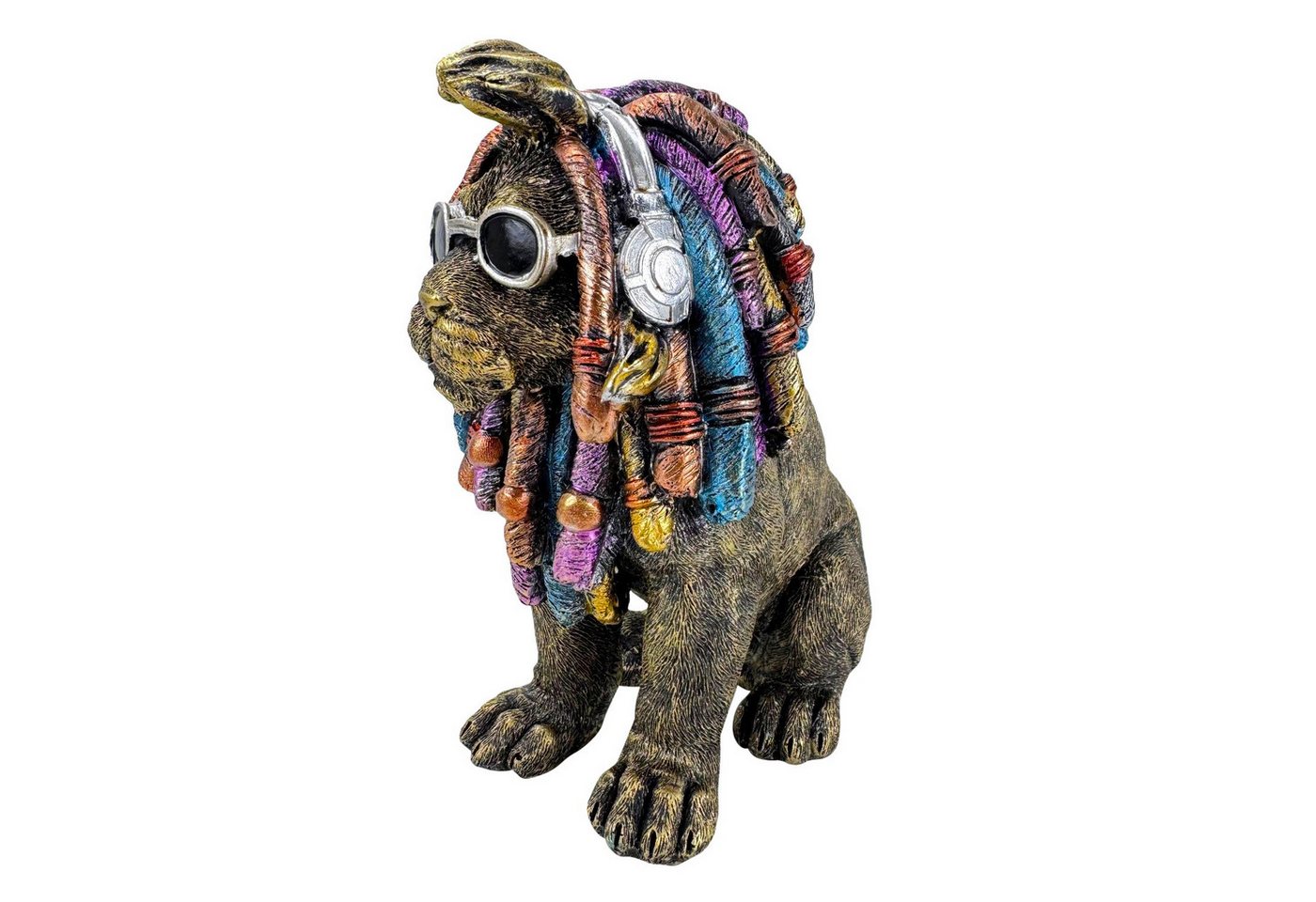 Online-Fuchs Dekofigur cooler Löwe mit bunten Dreadlocks - Gartenfigur, Statue für außen (Streetstyle mit Kopfhörern & Pilotenbrille, 20 oder 36 cm groß), aus Kunstharz (Polyresin) - für den Innen- und Außenbereich von Online-Fuchs
