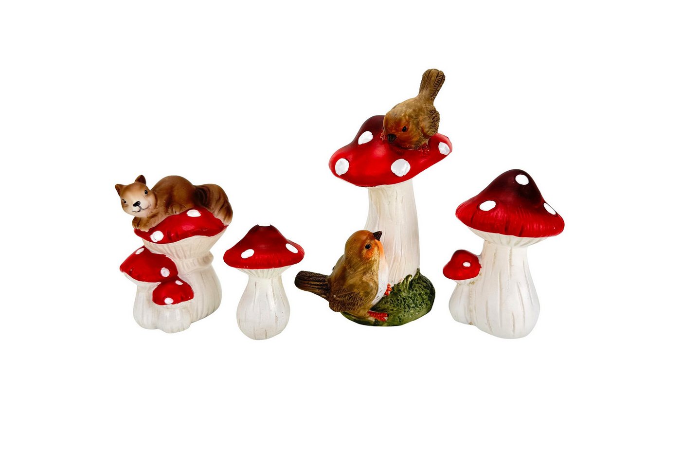 Online-Fuchs Gartenfigur 4er Set Fliegenpilze mit 2 Vögeln und einem Eichhörnchen - Herbstdeko, (4er Set), für den Innen- und Außenbereich geeignet von Online-Fuchs
