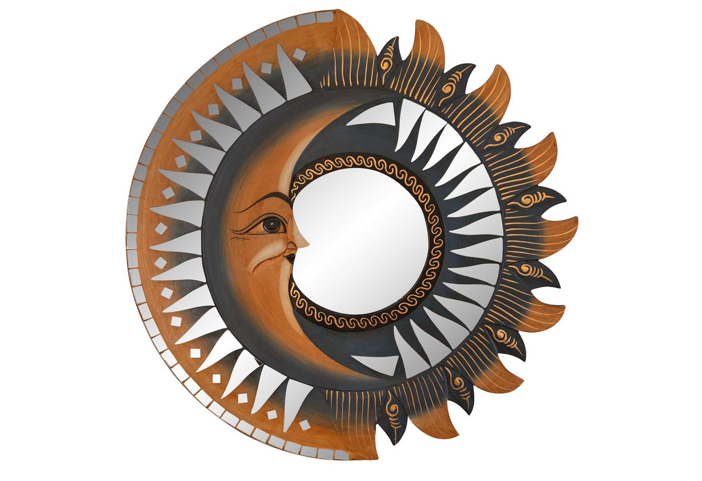 Online-Fuchs Dekospiegel aus Holz mit großem Halbmond - rund, Wand, Flur - 60 cm groß (Wandspiegel, Eyecatcher), kunstvoll gestaltetes Halbmond- und Sonnendesign von Online-Fuchs