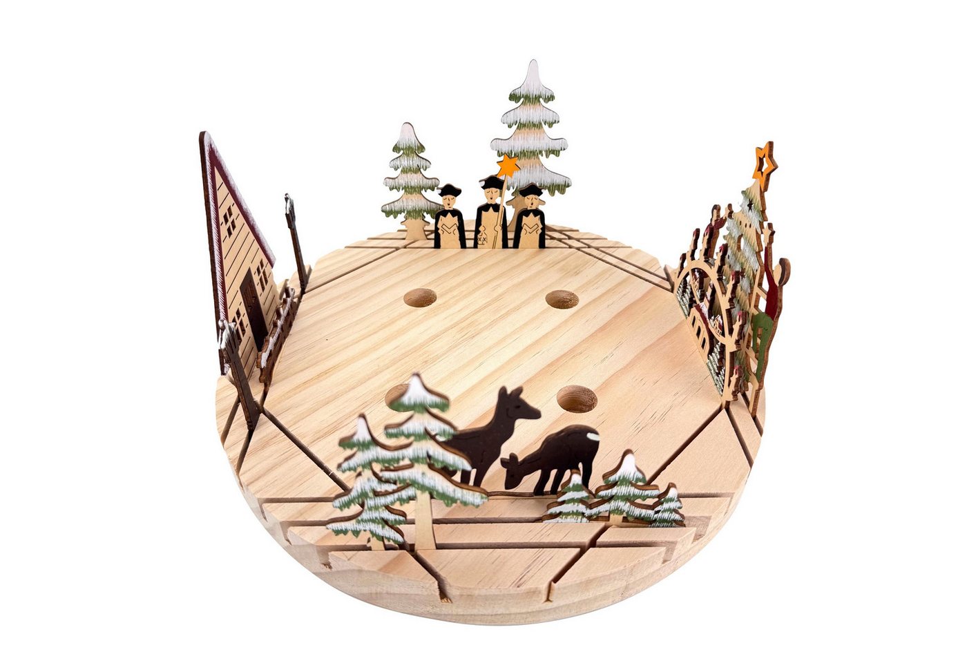 Online-Fuchs Dekotablett Adventskranz für 4 Stabkerzen zum Stecken & Dekorieren, Weihnachtsdeko (rund, 30 cm Durchmesser, Naturholz), 13 weihnachtliche Holzstecker zum individuellen dekorieren von Online-Fuchs