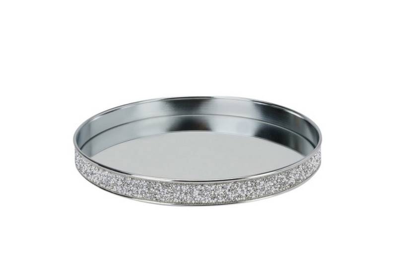 Online-Fuchs Dekotablett - Spiegeltablett aus Metall in Silber mit Fuß, rund - Dekoschale, mit Glitzerperlen bestückt von Online-Fuchs
